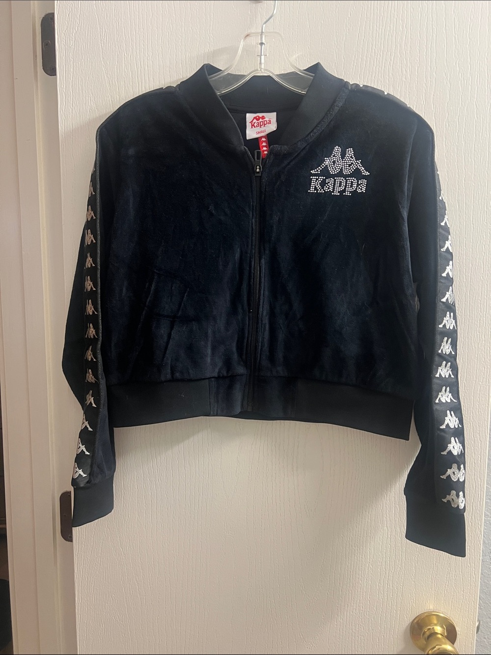 Kappa Black Velour Zip Bomber Jacket with Logo Tape